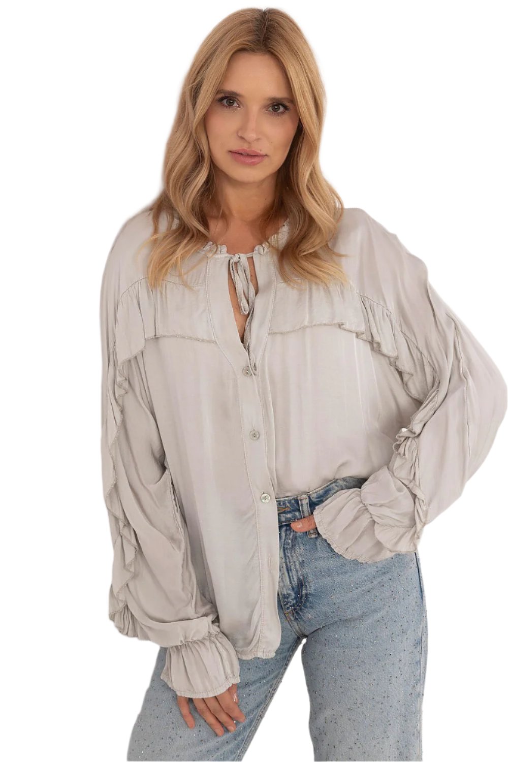 TEEK - Grey Ruffled Button Up Long Sleeve Shirt TOPS TEEK MH One Size  