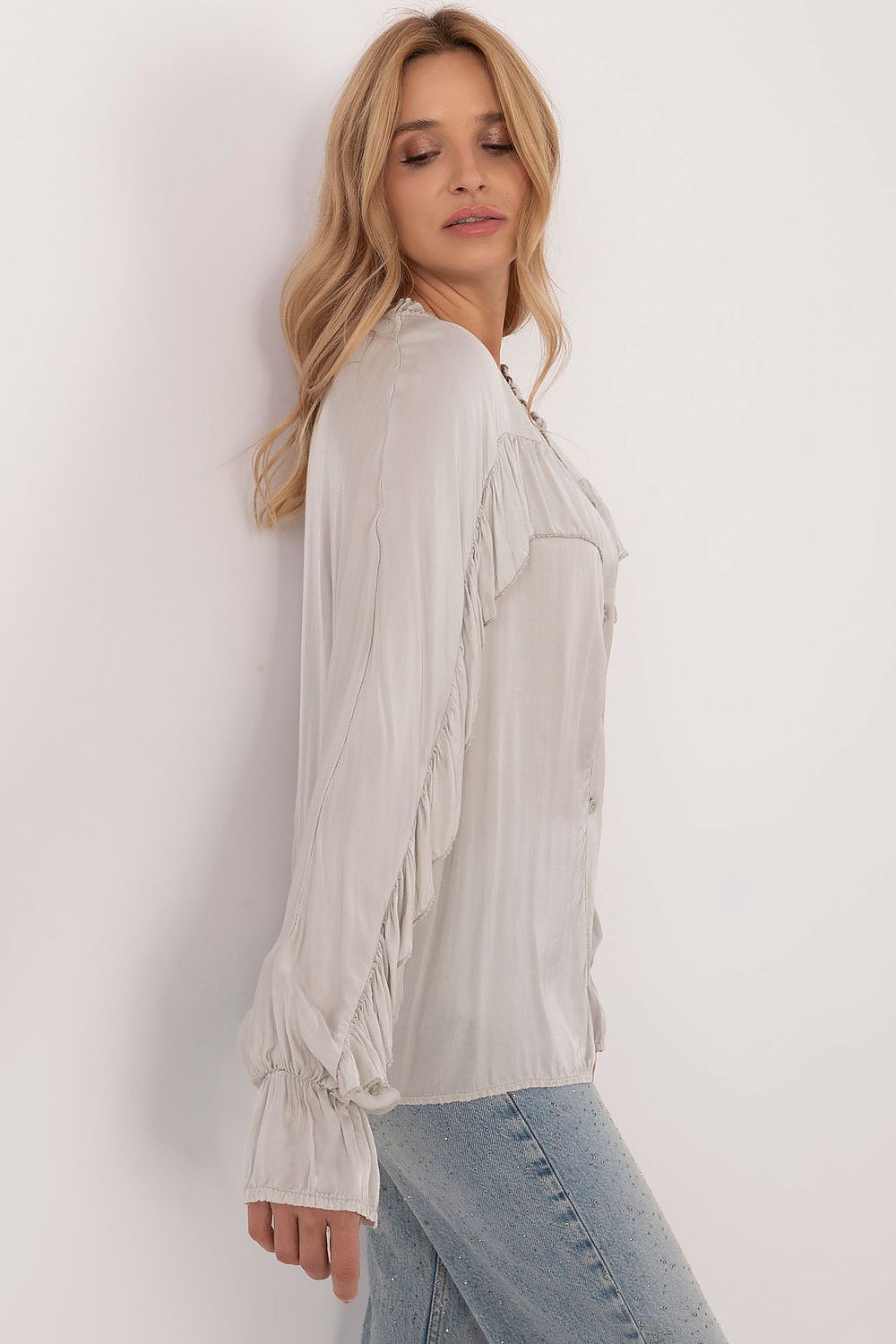 TEEK - Grey Ruffled Button Up Long Sleeve Shirt TOPS TEEK MH   