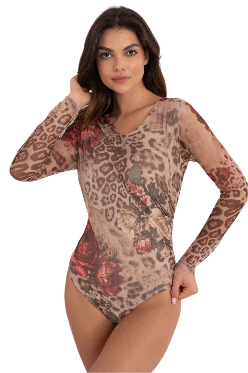 TEEK - Sheer Long Sleeve Printed Bodysuit TOPS TEEK MH beige One Size 