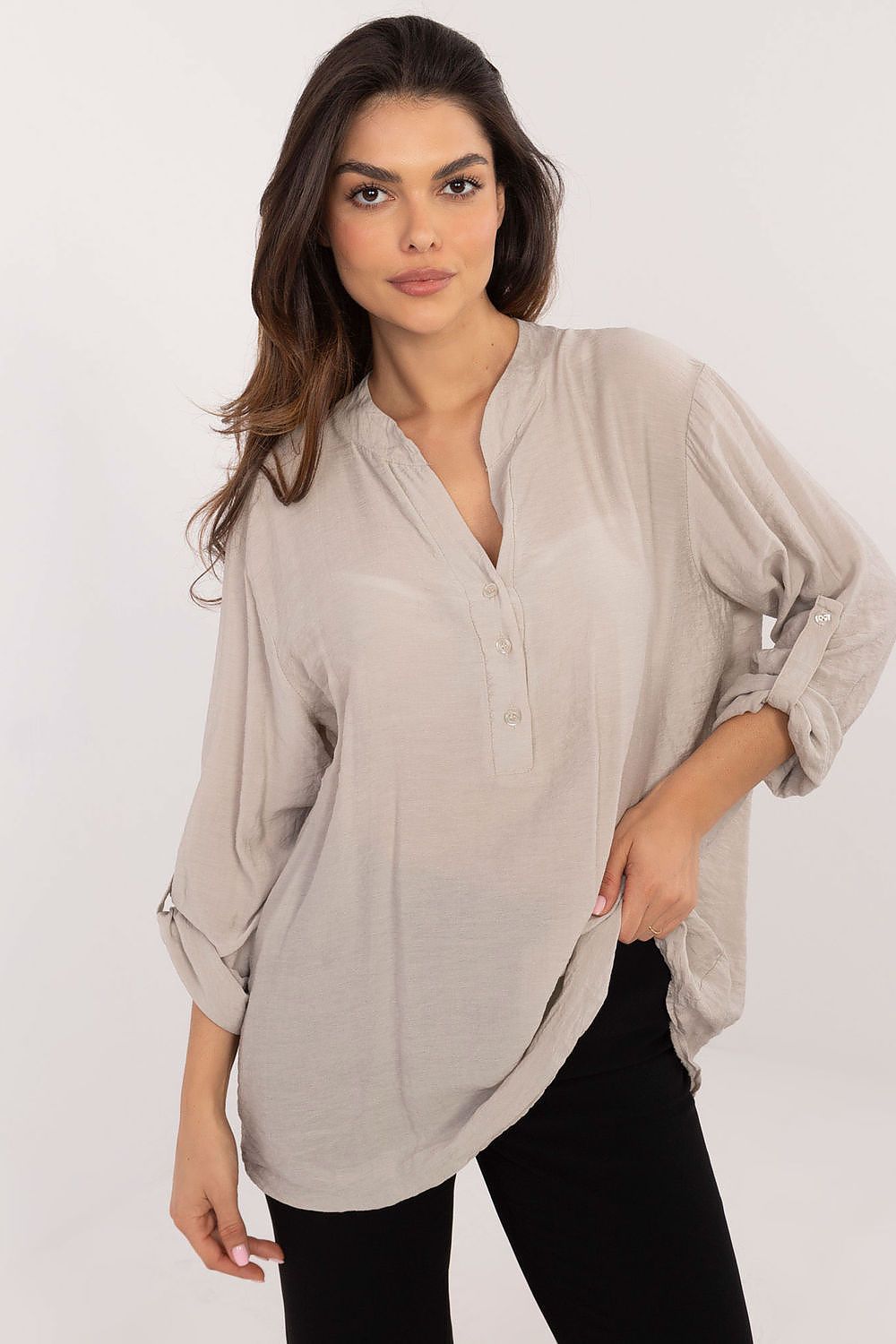 TEEK - Thin V-Neck Pinned Sleeve Blouse TOPS TEEK MH beige 2 One Size 