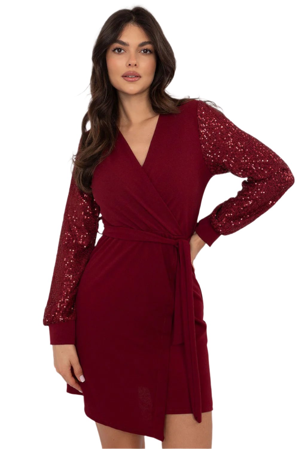 TEEK - Red Sequins Sleeve Wrap Neckline Dress DRESS TEEK MH One Size  