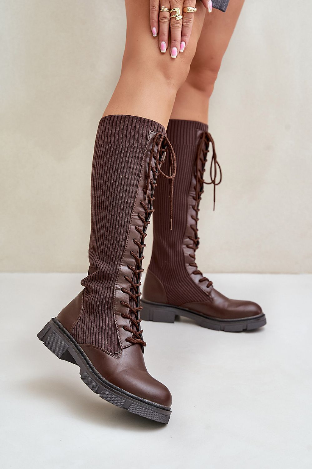 TEEK - Long Laced Mixed Media Covered Calf Boots  TEEK MH brown 6 