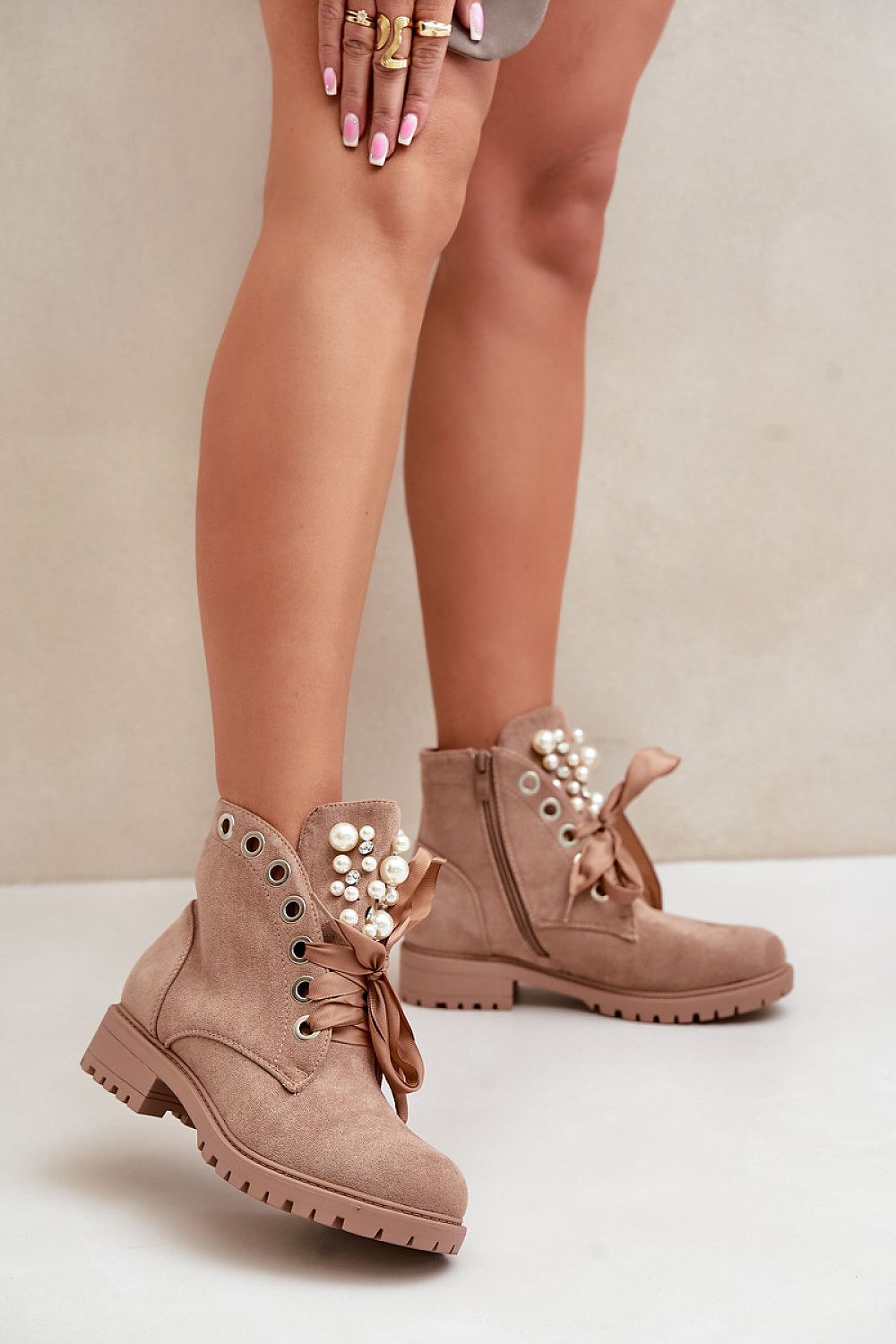 TEEK - Beige Laced Pearl Tongue Boots SHOES TEEK MH   