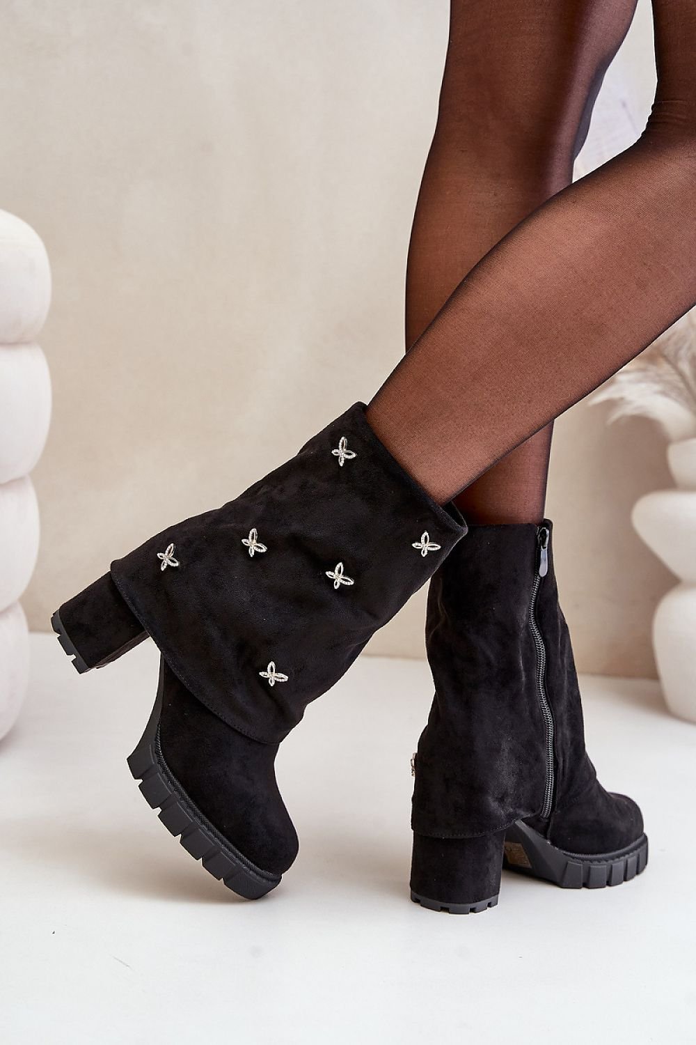 TEEK - Suede Cuff Dotted Rhinestone Heel Boots SHOES TEEK MH   