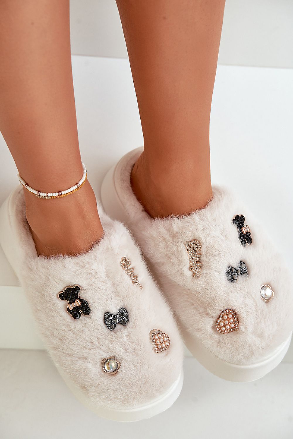 TEEK - Light Beige Bejeweled Fluff Slippers SHOES TEEK MH