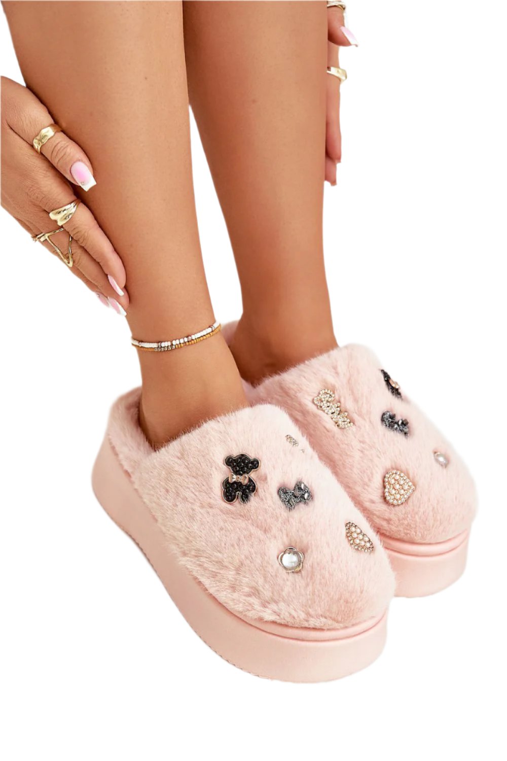 TEEK - Pink Bejeweled Fluff Slippers SHOES TEEK MH