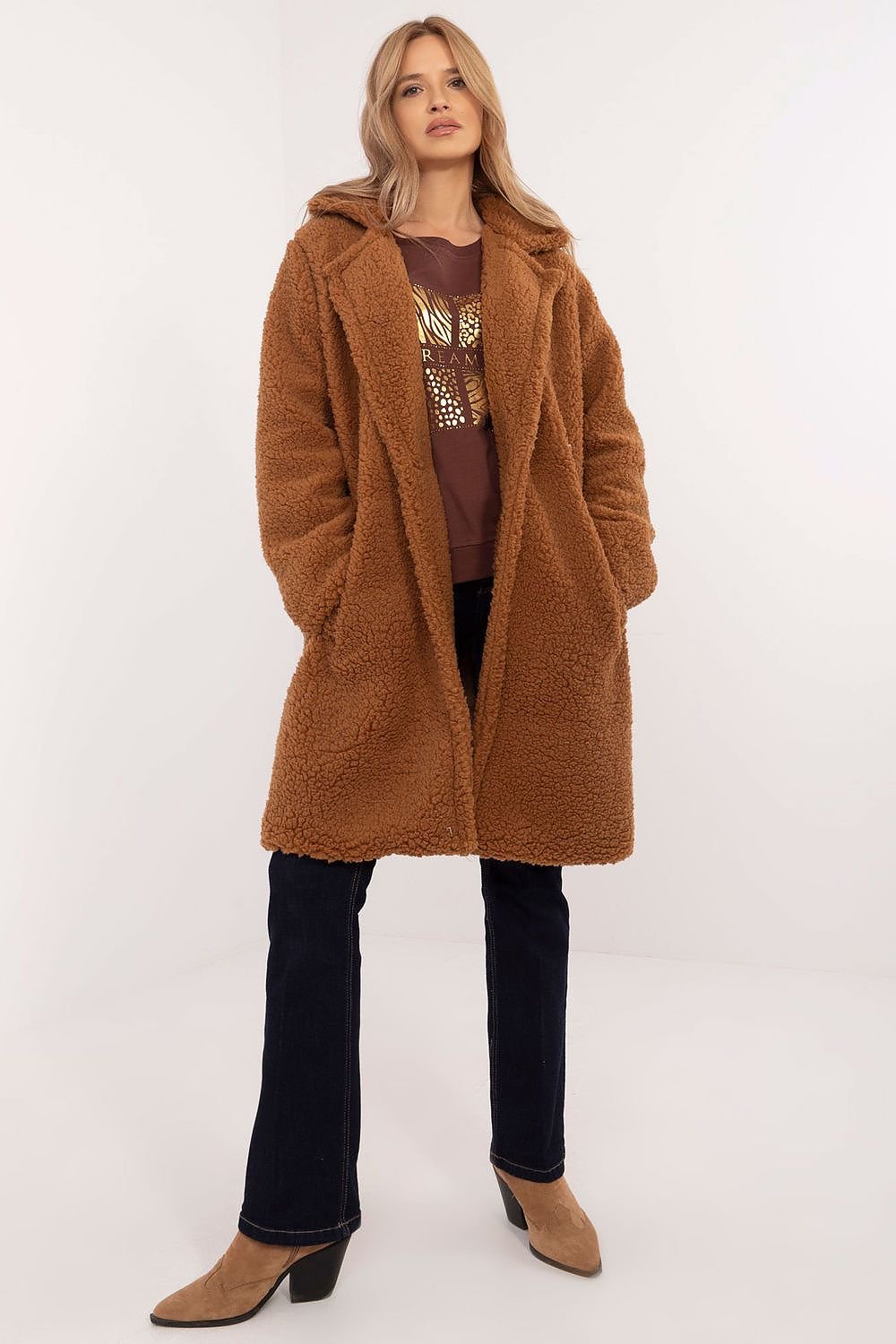 TEEK - Fluff Pocketed Knee-Length Coat COAT TEEK MH brown 2 One Size