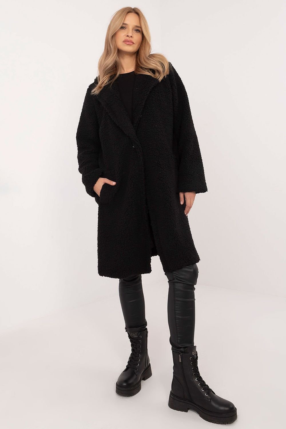 TEEK - Fluff Pocketed Knee-Length Coat COAT TEEK MH black One Size