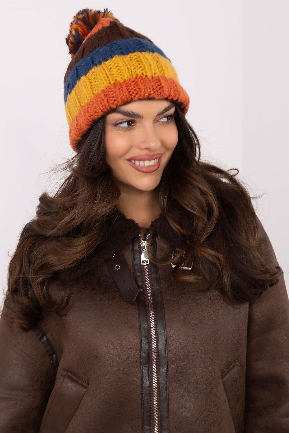 TEEK - Orange Multicolor Striped Pom Pom Top Knitted Cap HAT TEEK MH