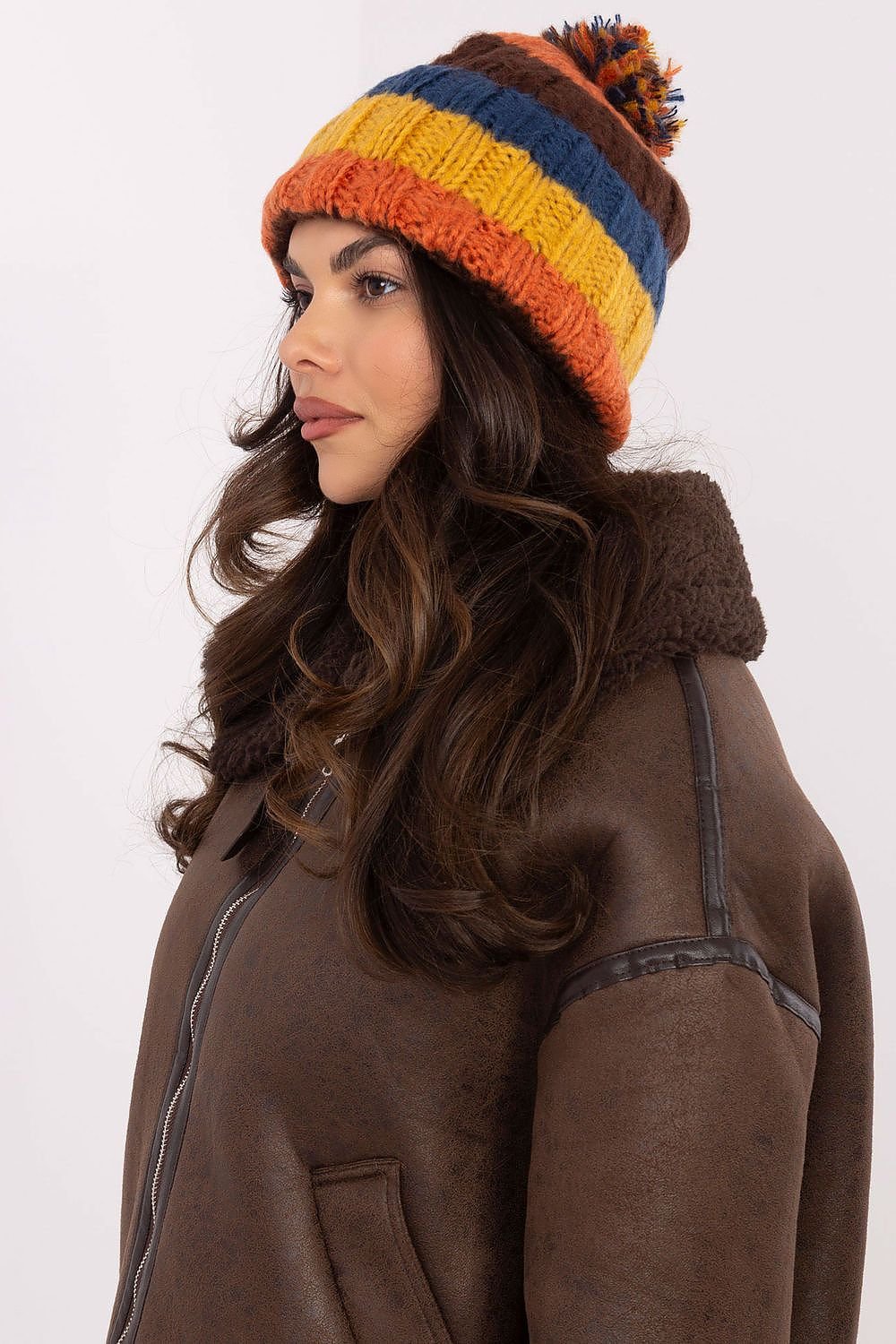 TEEK - Orange Multicolor Striped Pom Pom Top Knitted Cap HAT TEEK MH