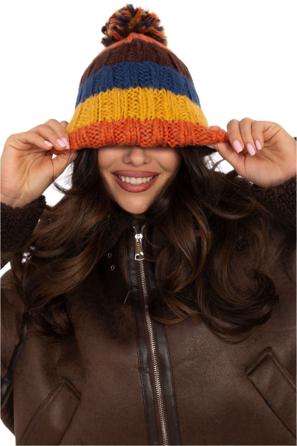 TEEK - Orange Multicolor Striped Pom Pom Top Knitted Cap HAT TEEK MH