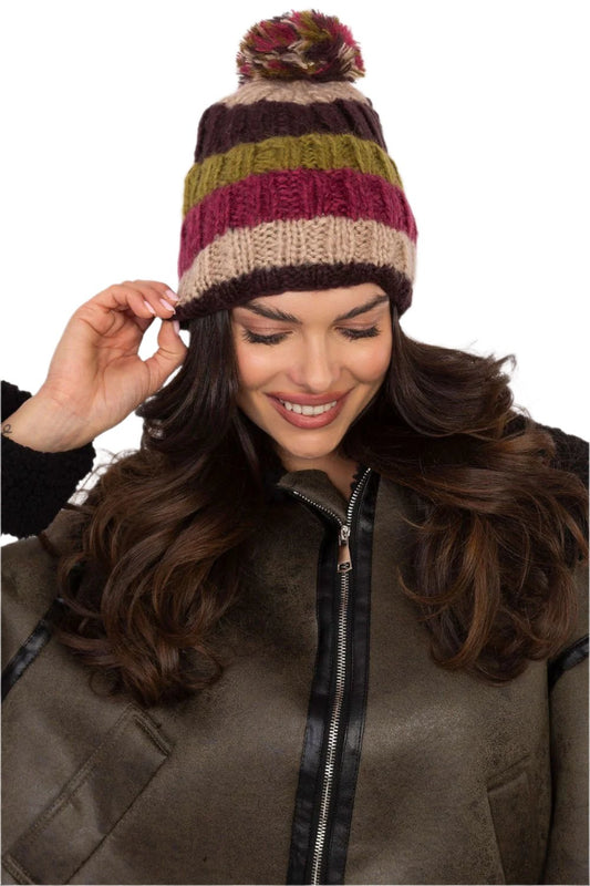 TEEK - Beige Multicolor Striped Pom Pom Top Cap HAT TEEK MH