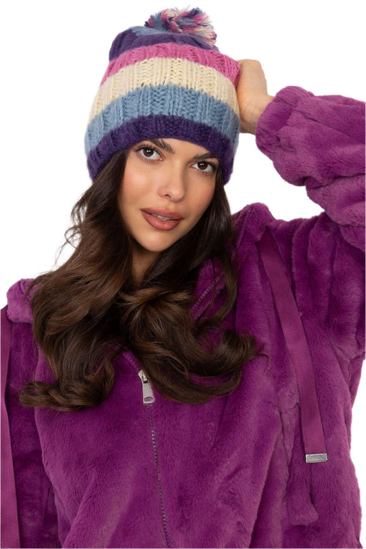 TEEK - Blue Multicolor Striped Pom Pom Top Knitted Beanie HAT TEEK MH