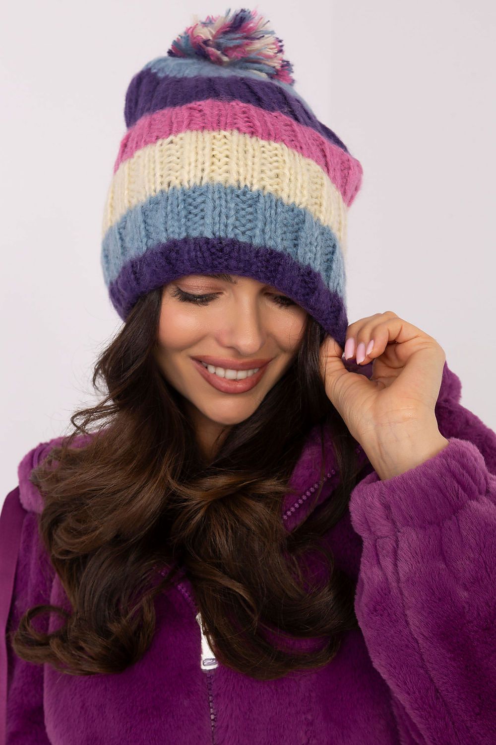 TEEK - Blue Multicolor Striped Pom Pom Top Knitted Beanie HAT TEEK MH