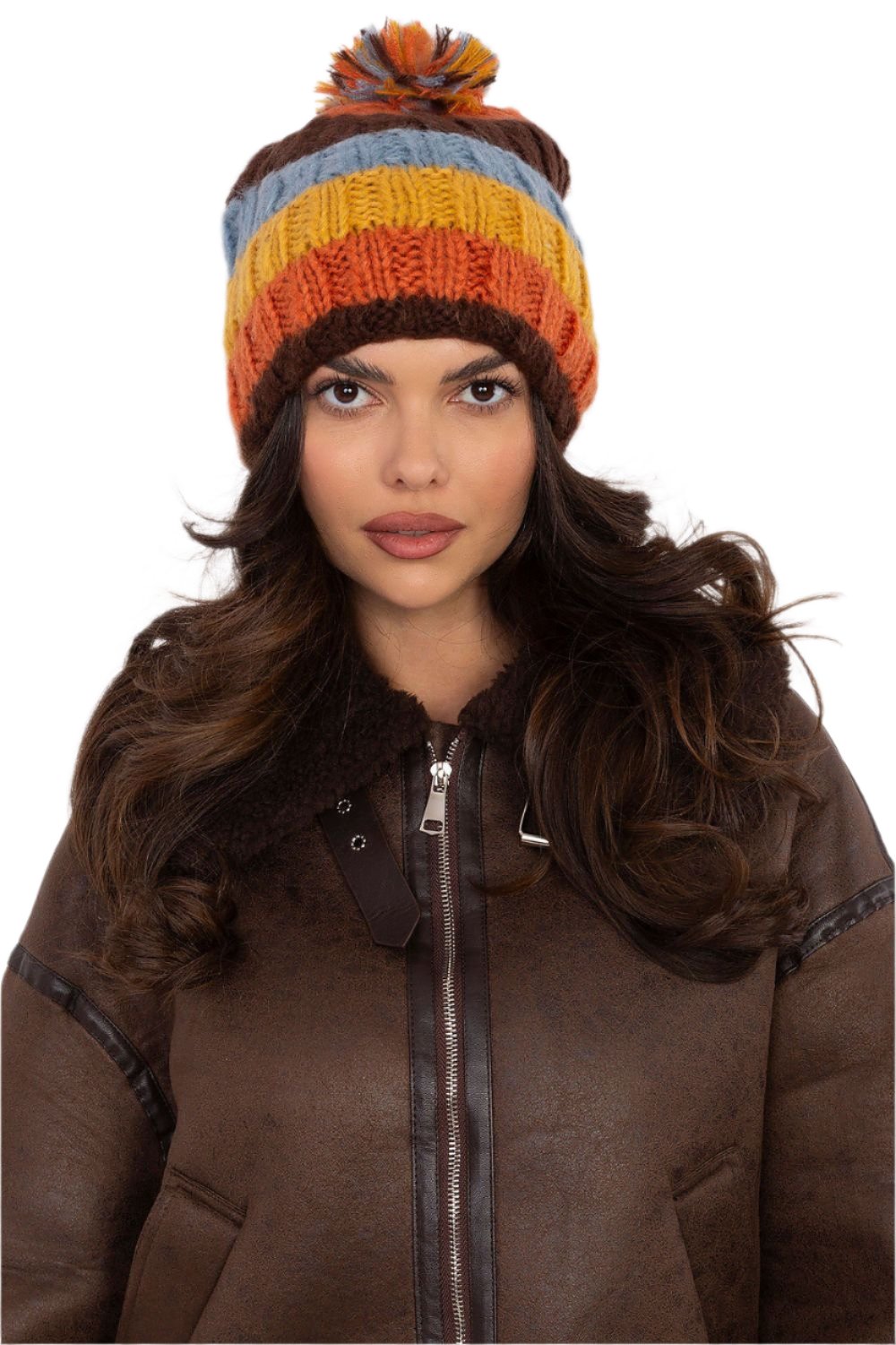 TEEK - Orange Multicolor Striped Pom Pom Top Beanie HAT TEEK MH