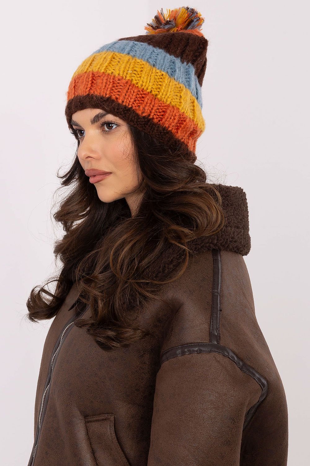 TEEK - Orange Multicolor Striped Pom Pom Top Beanie HAT TEEK MH