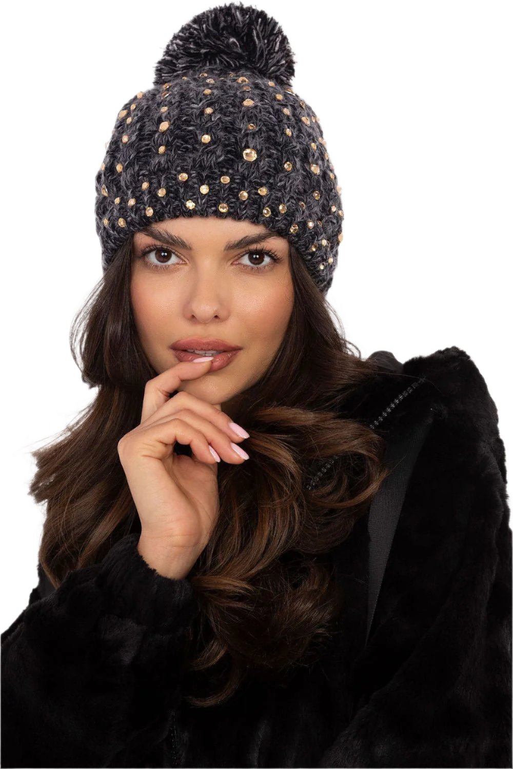 TEEK - Black Bejeweled Pom Pom Top Beanie HAT TEEK MH