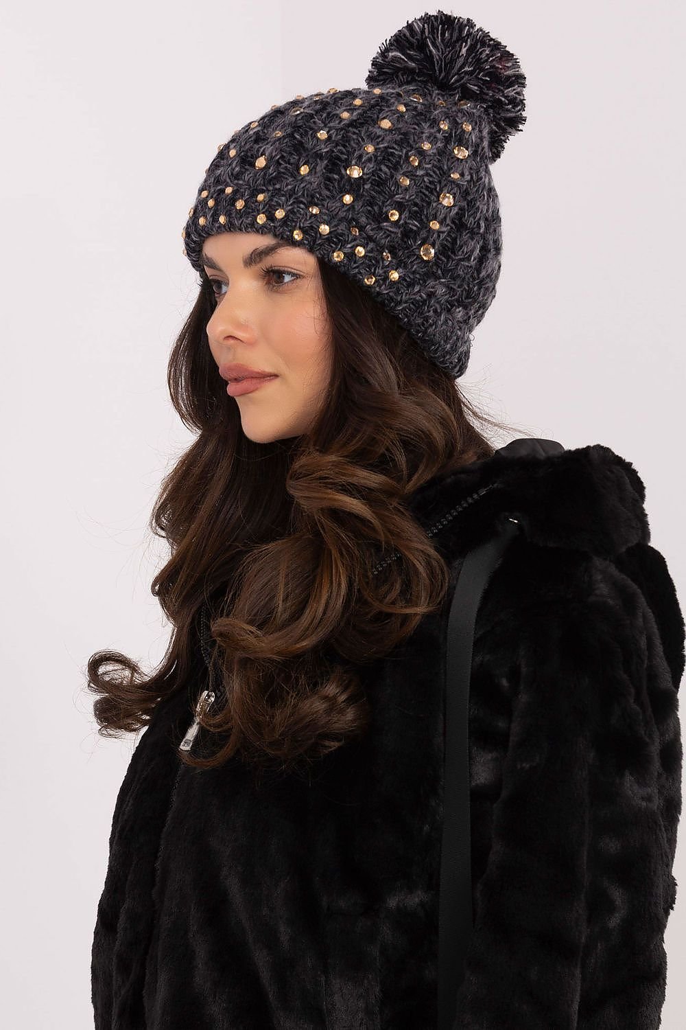 TEEK - Black Bejeweled Pom Pom Top Beanie HAT TEEK MH