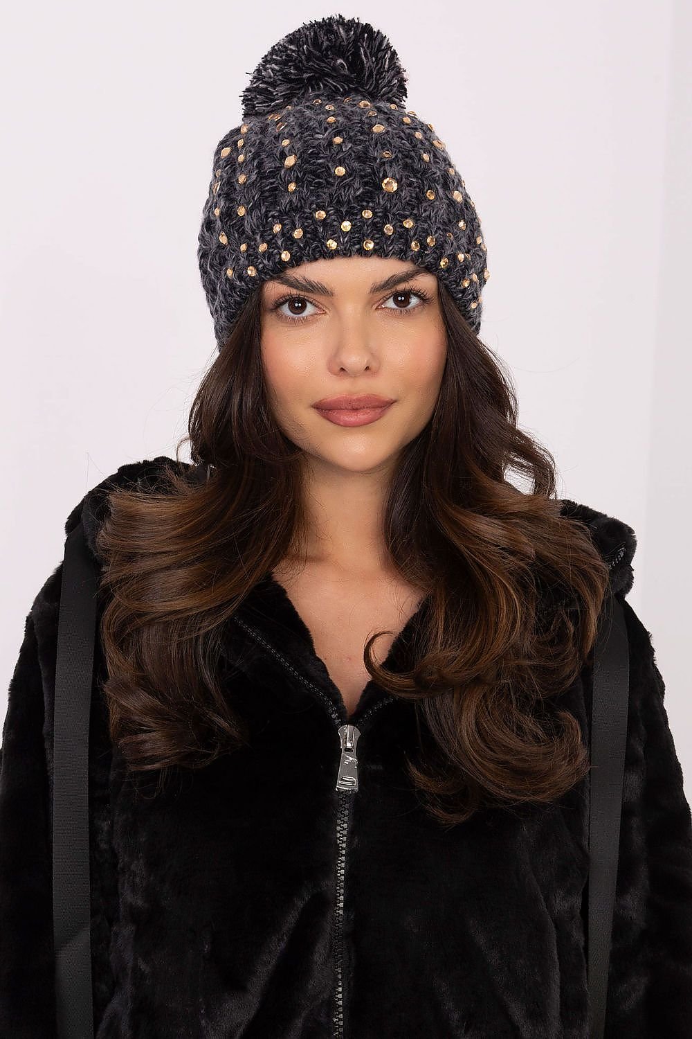 TEEK - Black Bejeweled Pom Pom Top Beanie HAT TEEK MH