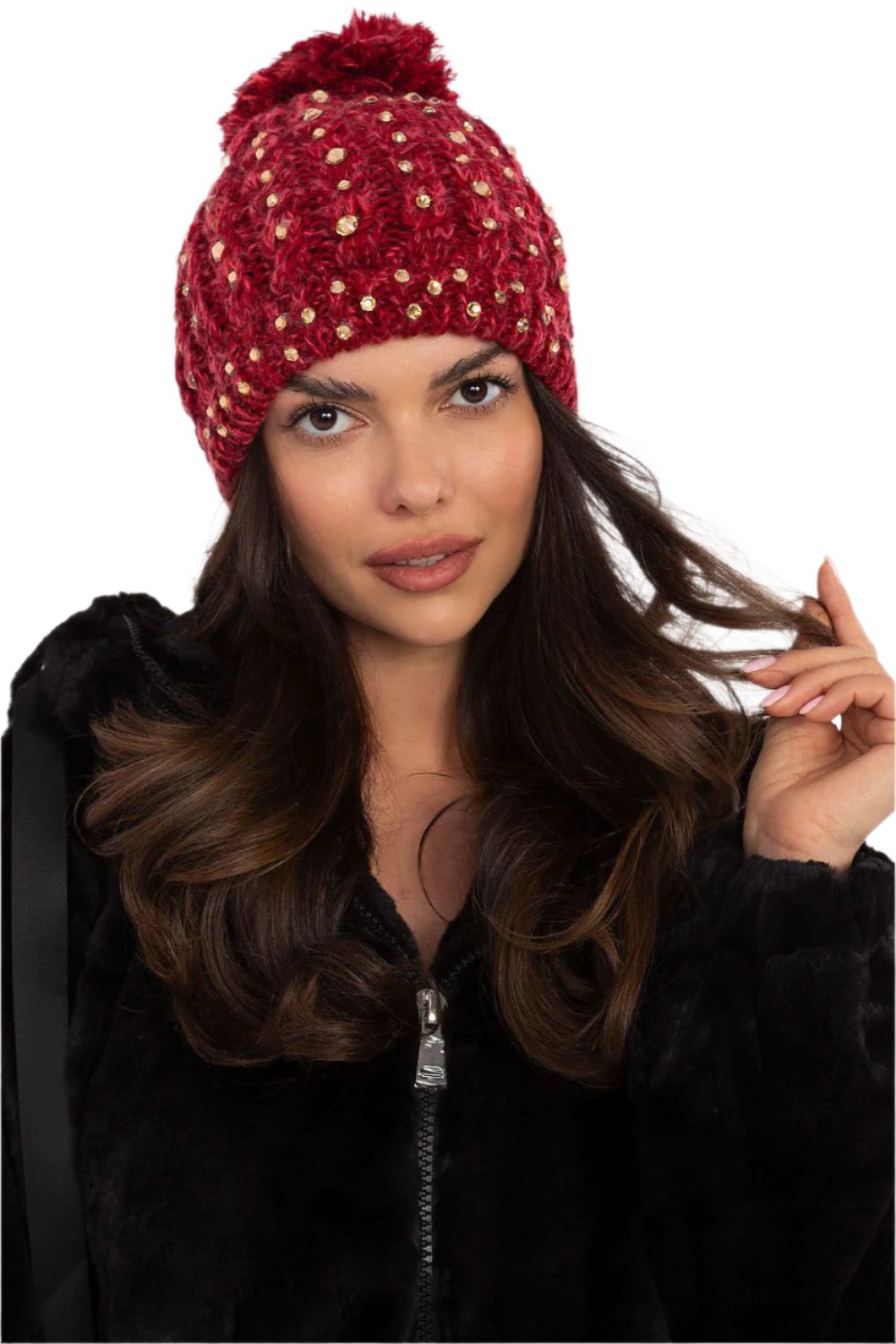 TEEK - Red Bejeweled Pom Pom Top Knitted Beanie HAT TEEK MH