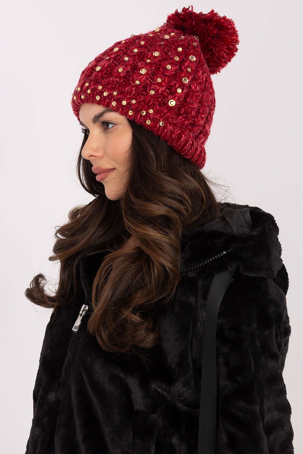 TEEK - Red Bejeweled Pom Pom Top Knitted Beanie HAT TEEK MH