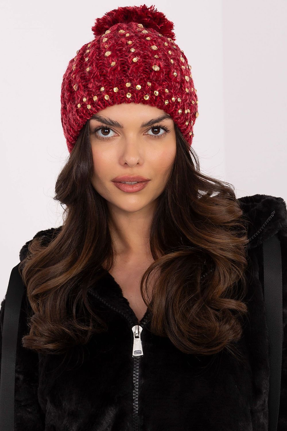 TEEK - Red Bejeweled Pom Pom Top Knitted Beanie HAT TEEK MH