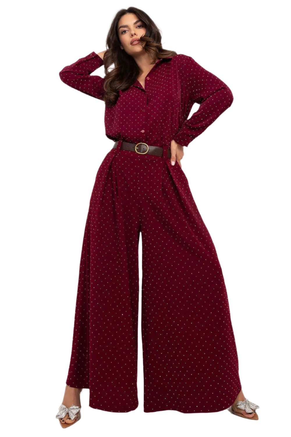 TEEK - Subtle Sequins Wide Leg Belted Trousers PANTS TEEK MH red One Size