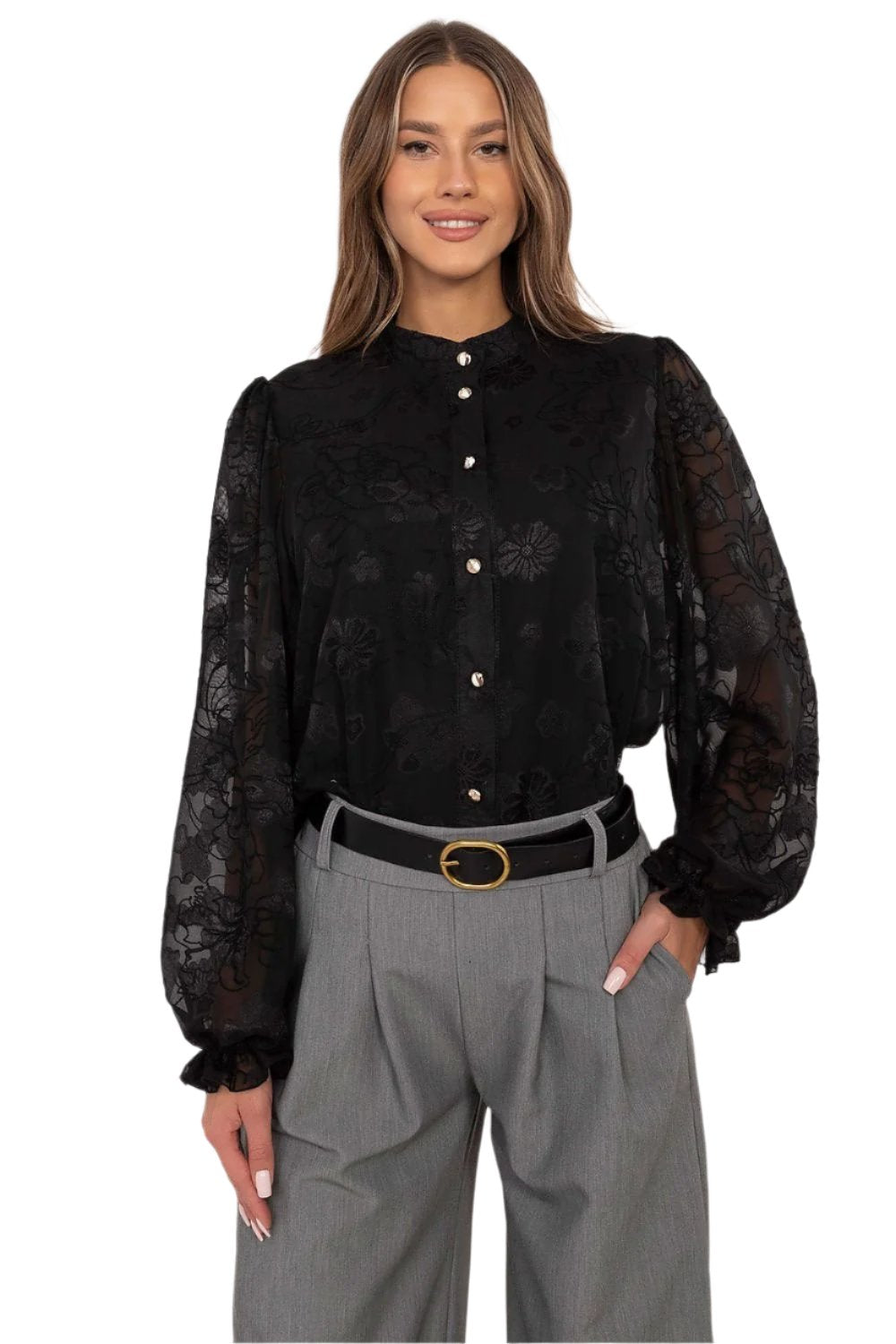 TEEK - Black Buttoned Sheer Sleeve Blouse TOPS TEEK MH