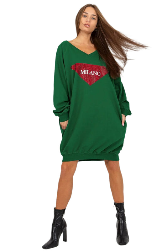 TEEK - Pocketed Milano Print Sweatshirt Dress DRESS TEEK MH green One Size