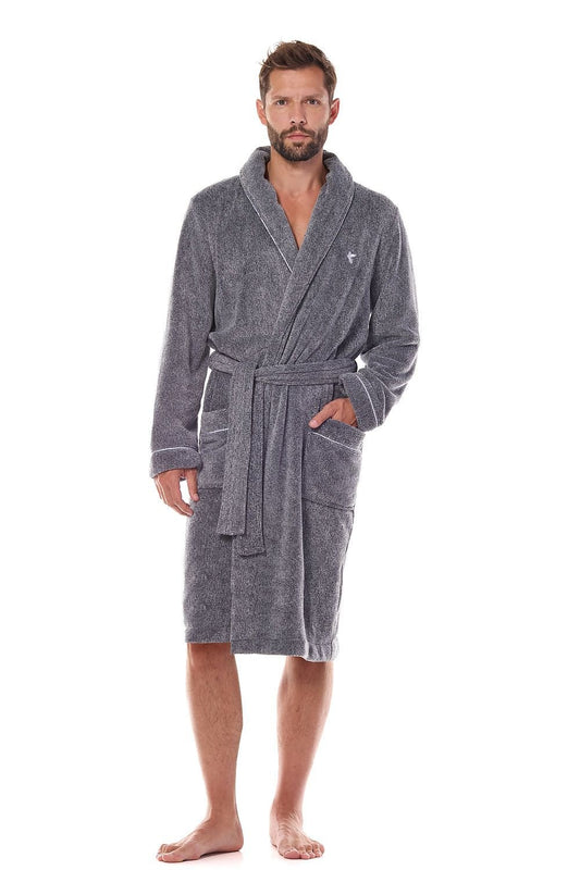 TEEK - Mens Grey Piped White Pocketed Belted Bathrobe ROBE TEEK MH