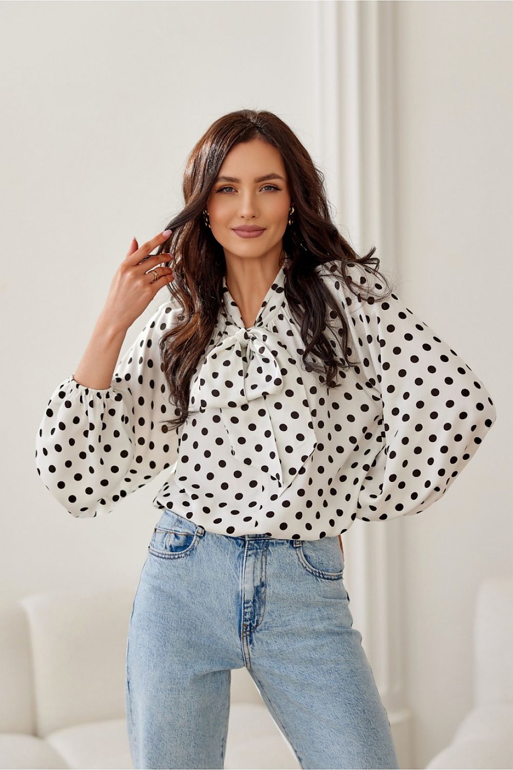TEEK - Polka Dot Puff Sleeve Tie Neck Blouse TOPS TEEK MH beige S