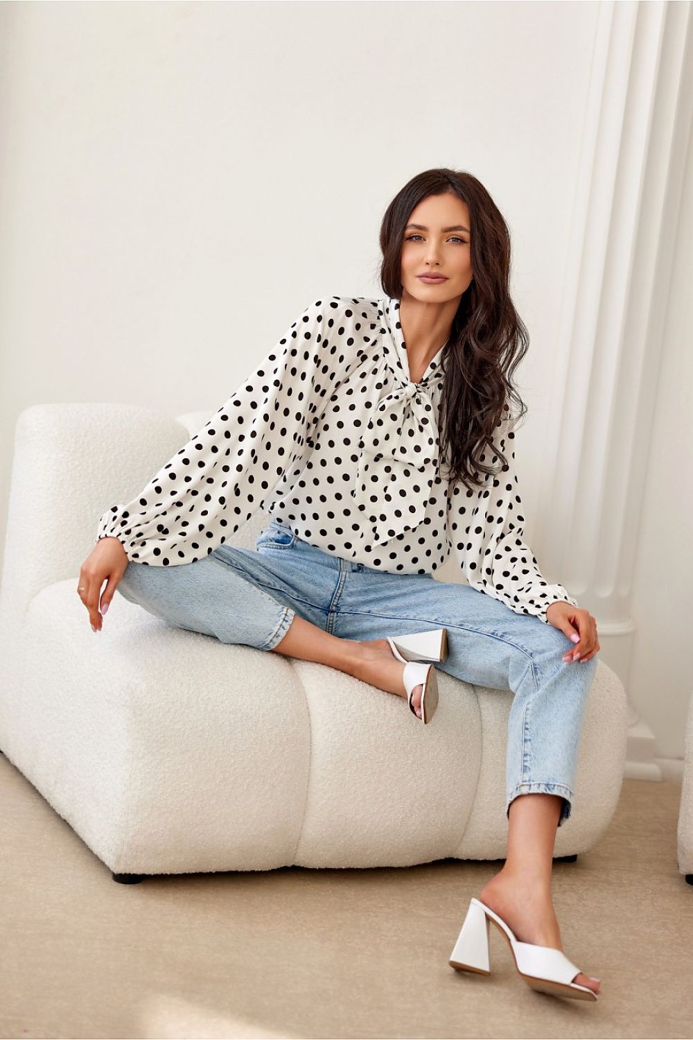 TEEK - Polka Dot Puff Sleeve Tie Neck Blouse TOPS TEEK MH