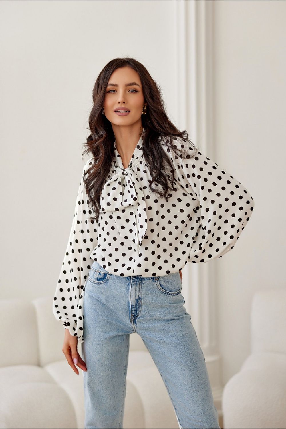 TEEK - Polka Dot Puff Sleeve Tie Neck Blouse TOPS TEEK MH