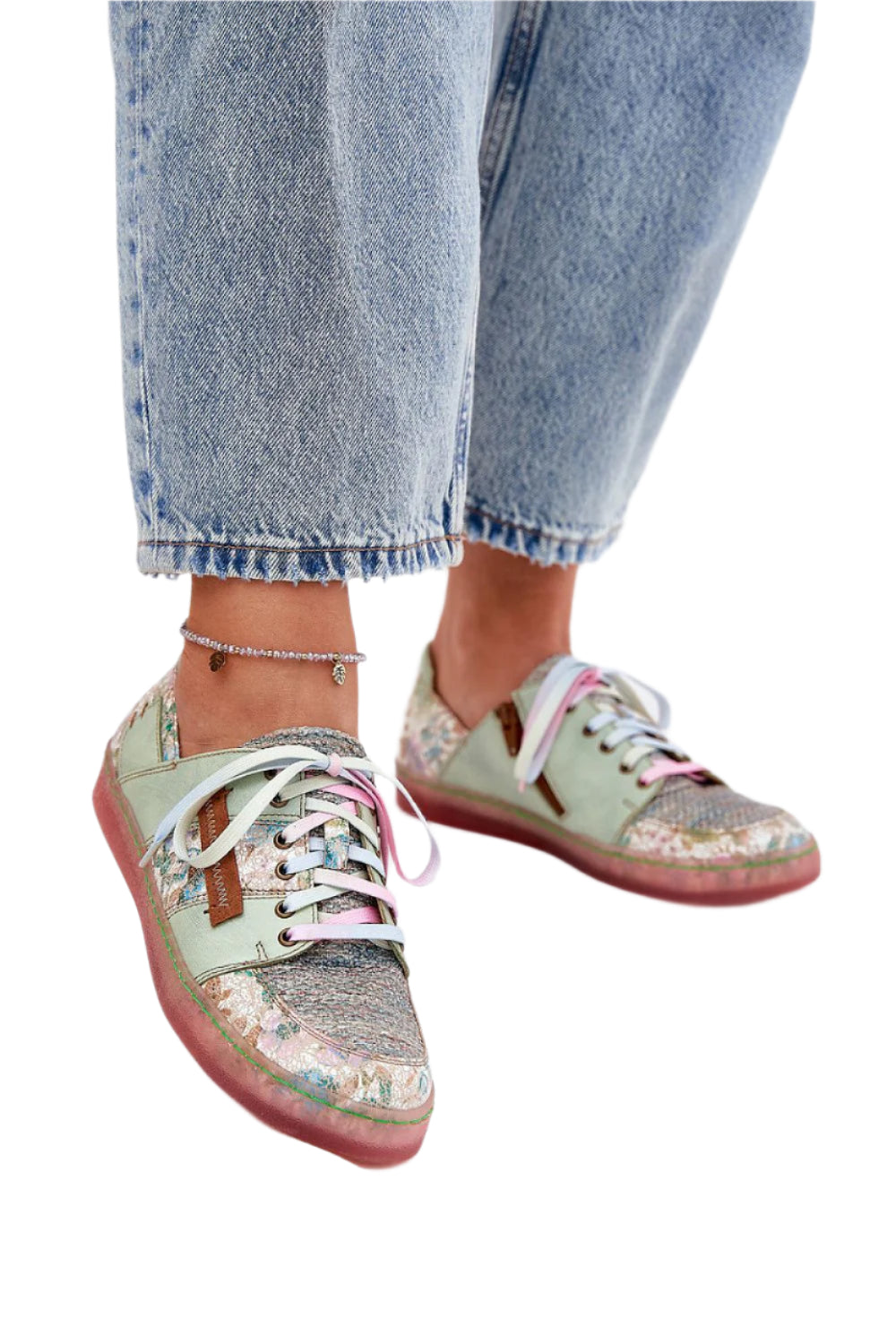 TEEK - Green Leather Floral Patchwork Laced Low Shoes SHOES TEEK MH 6.5