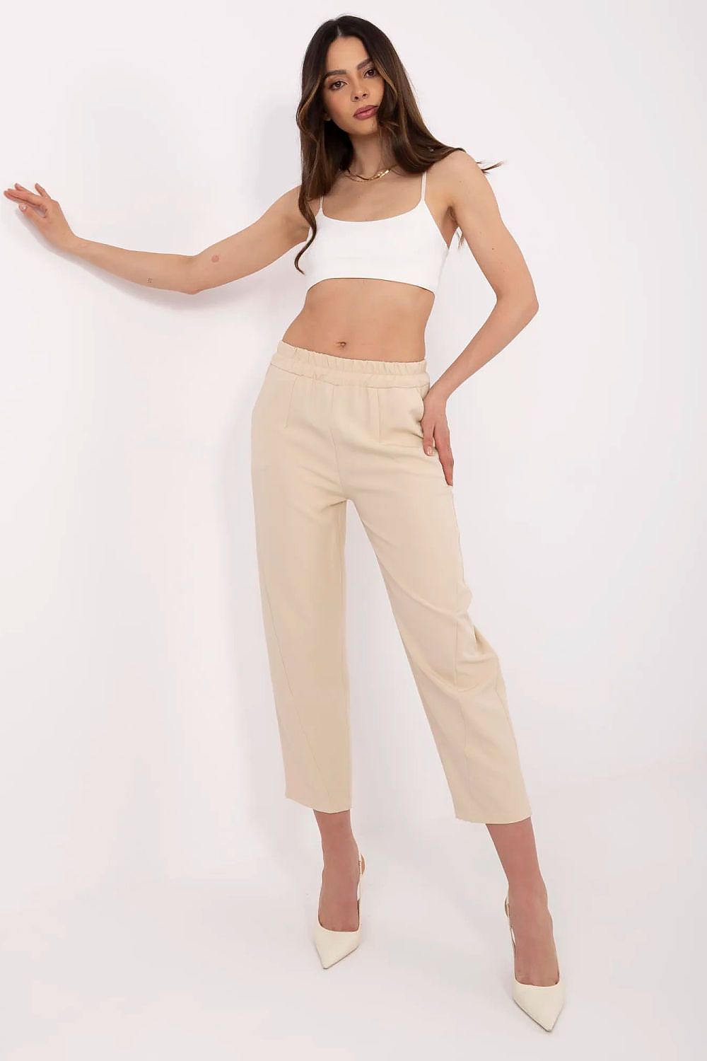 TEEK - Stretched Waist Pocketed Cropped Trousers PANTS TEEK MH beige S