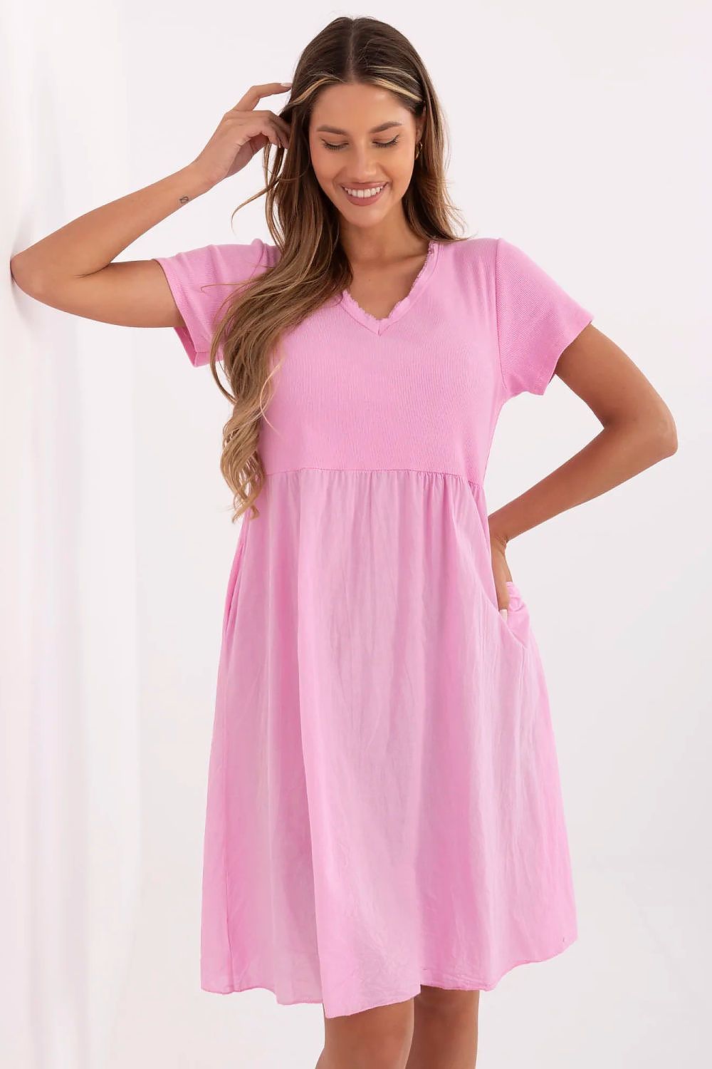 TEEK - Flared Pocketed V-Neck Dress DRESS TEEK MH pink One Size