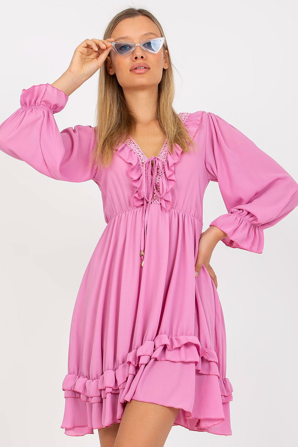 TEEK - Long Sleeve Ruffled V-Neck Tie Dress DRESS TEEK MH pink One Size