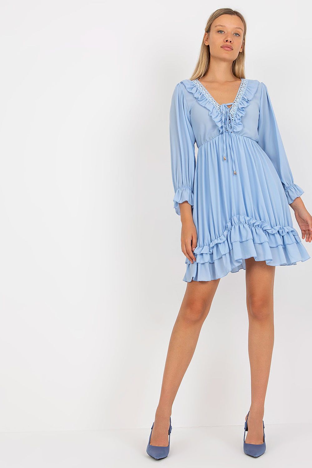 TEEK - Long Sleeve Ruffled V-Neck Tie Dress DRESS TEEK MH blue One Size