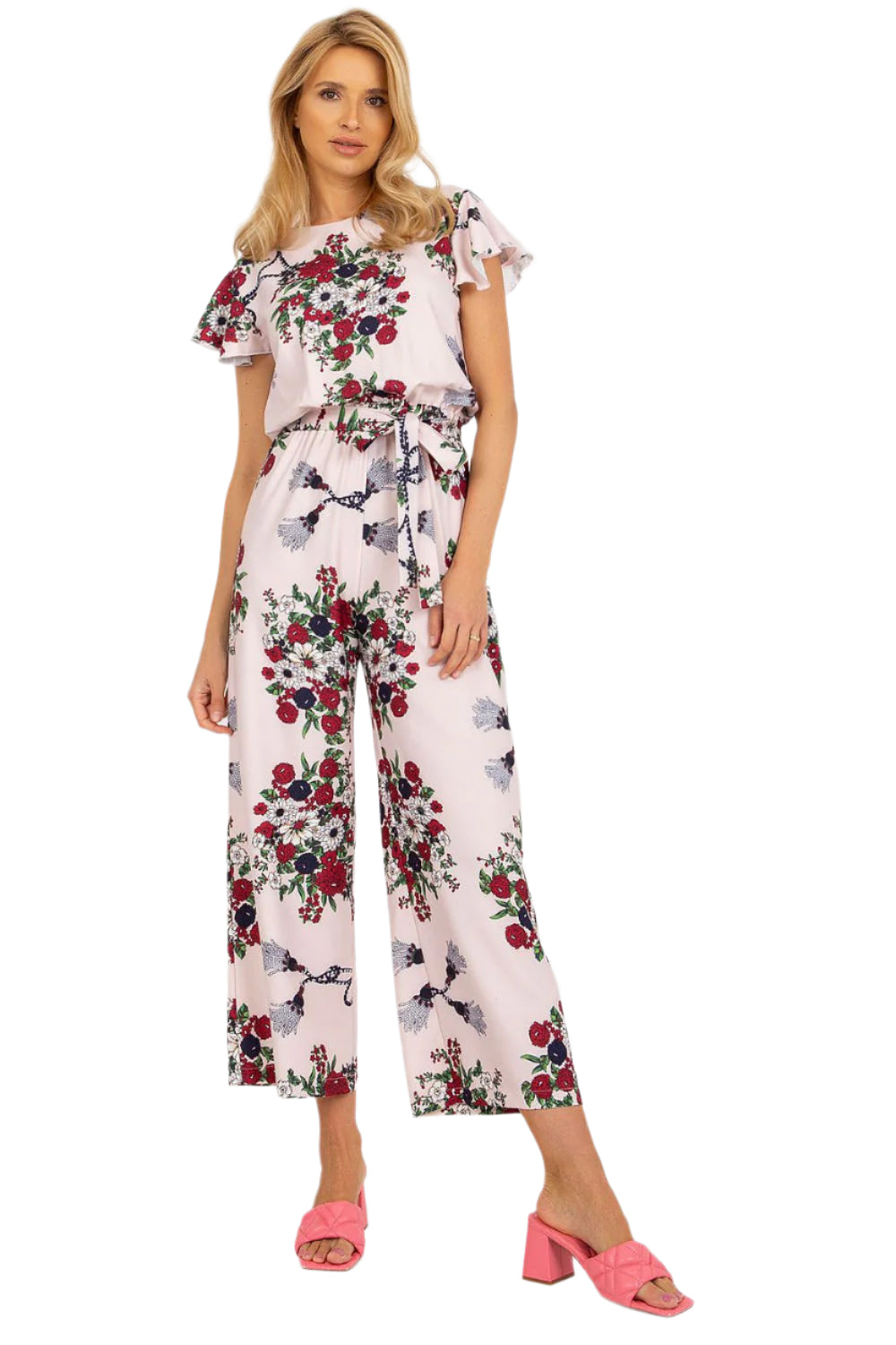 TEEK - Pink Floral Short Ruffle Sleeve Belted Suit JUMPSUIT TEEK MH S 36
