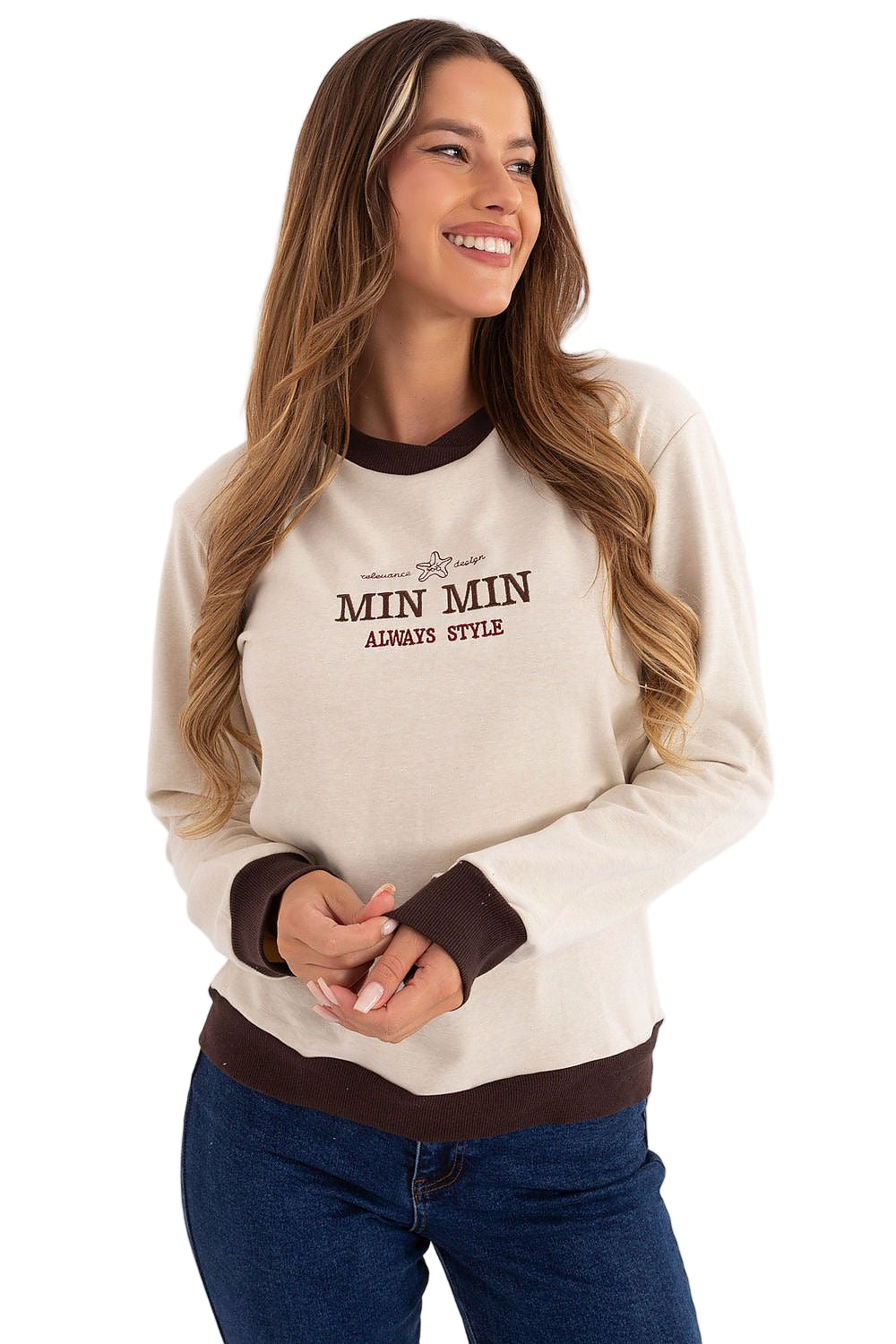 TEEK - MIN MIN Contrast Trim Sweatshirt TOPS TEEK MH beige One Size