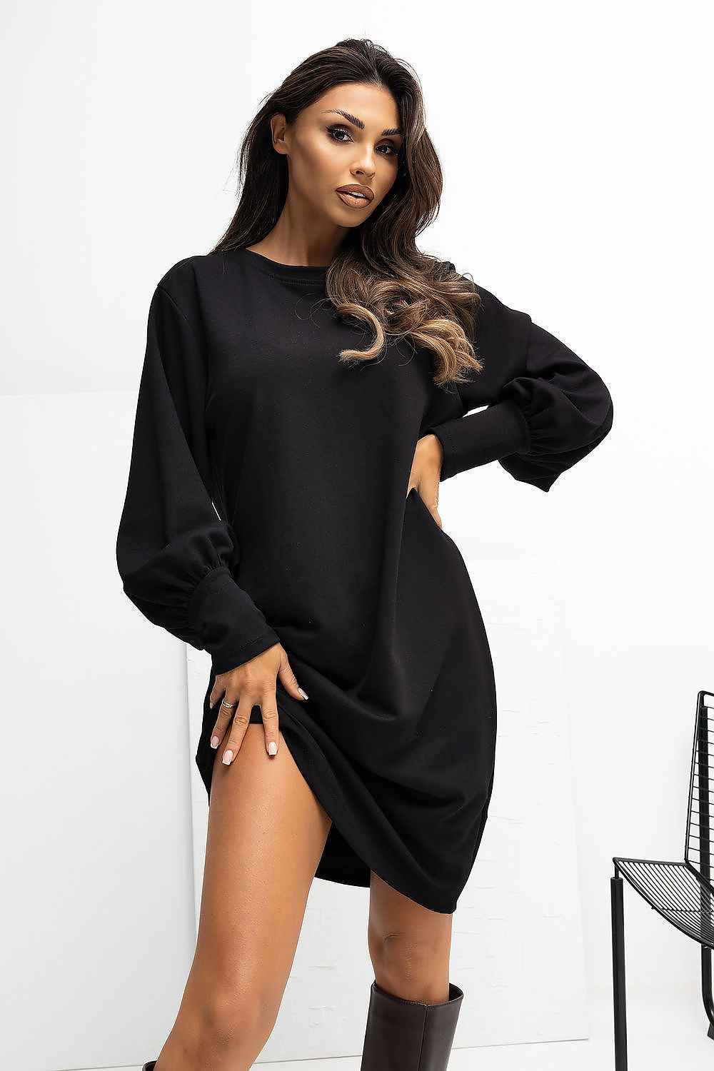 TEEK - Teardrop Puff Sleeve Sweatshirt Dress DRESS TEEK MH black S/M