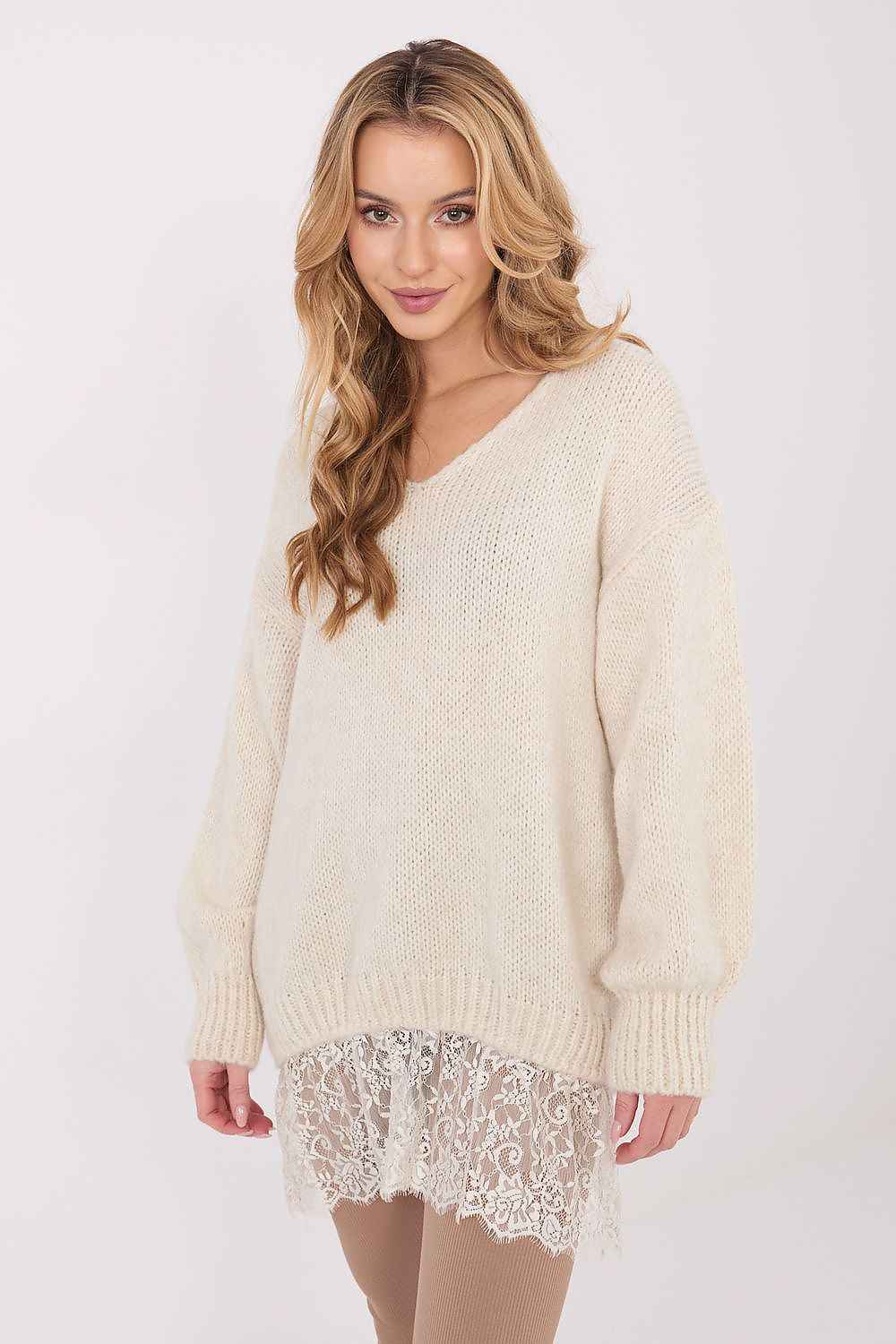 TEEK - Lace Ruffle Bottom Loose Long Sleeve Sweater TOPS TEEK MH beige 2 One Size