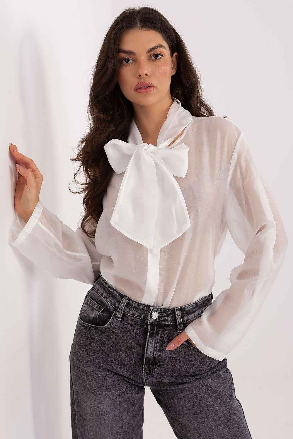 TEEK - Sheer Long sleeve Neck Ribbon Tie Shirt TOPS TEEK MH white One Size