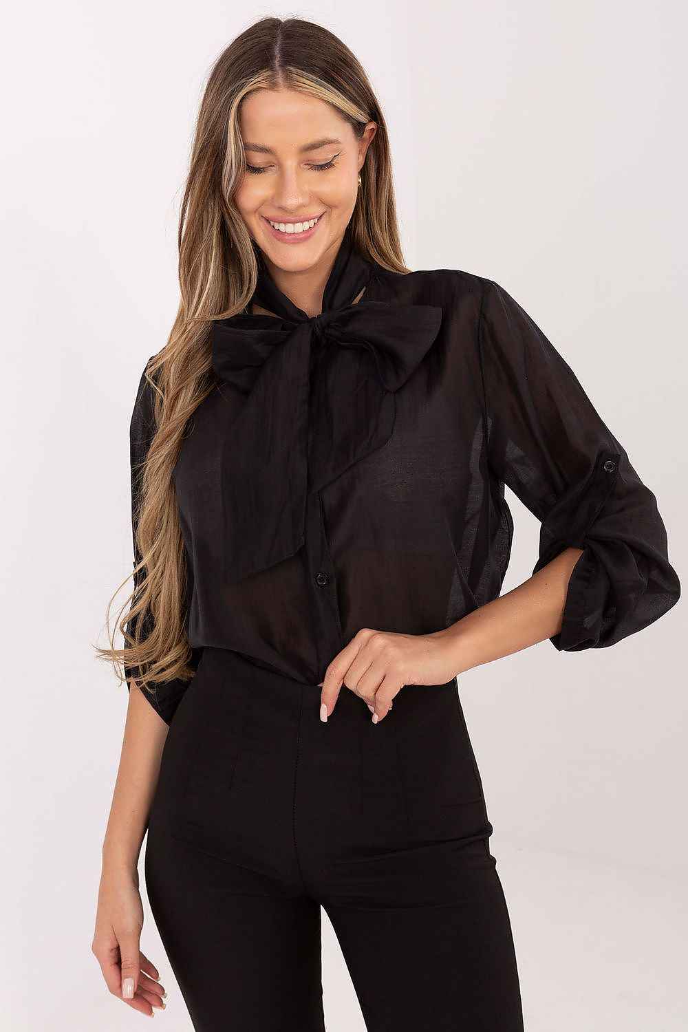 TEEK - Sheer Long sleeve Neck Ribbon Tie Shirt TOPS TEEK MH black One Size