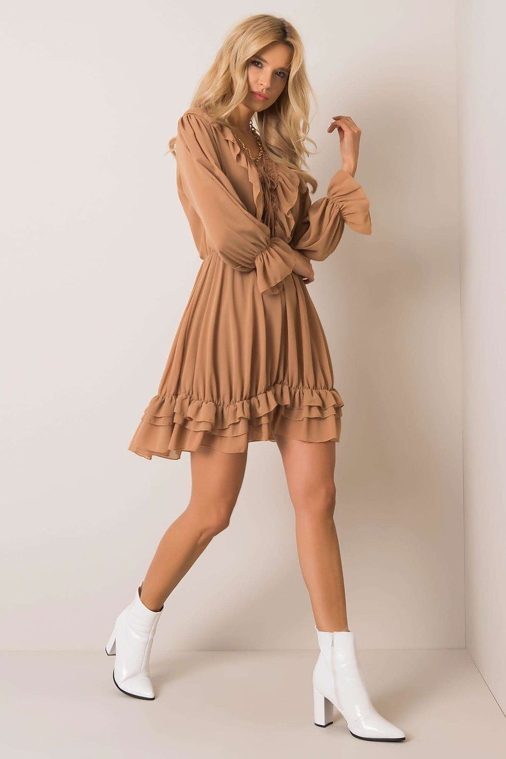 TEEK - Long Sleeve Ruffled V-Neck Tie Dress DRESS TEEK MH