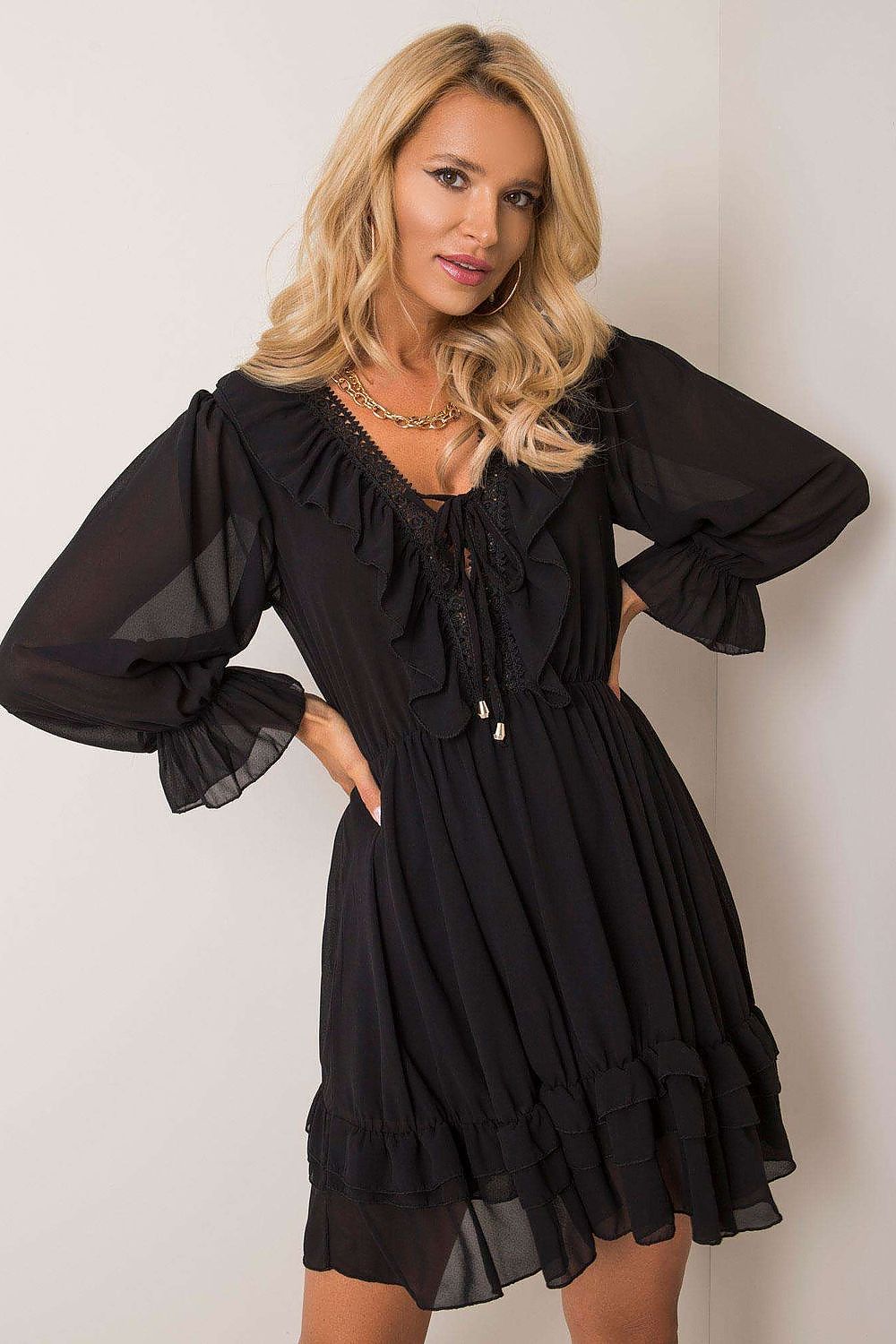 TEEK - Long Sleeve Ruffled V-Neck Tie Dress DRESS TEEK MH black One Size
