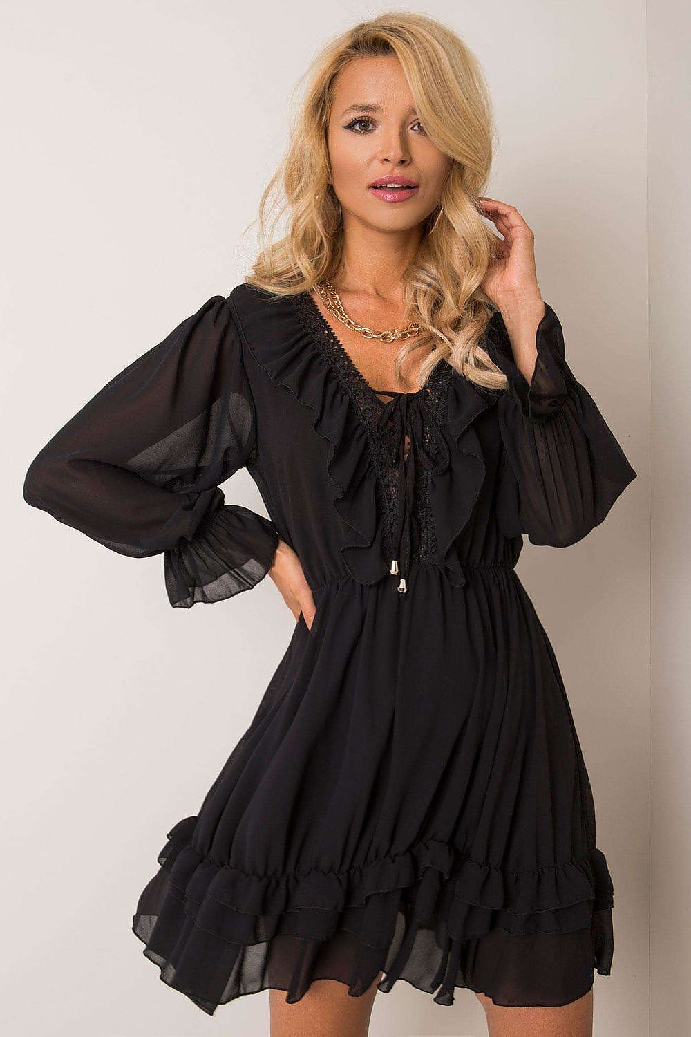 TEEK - Long Sleeve Ruffled V-Neck Tie Dress DRESS TEEK MH