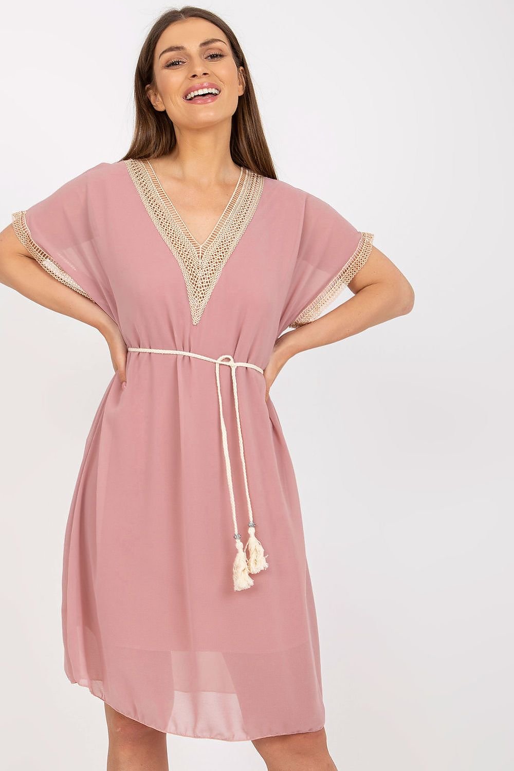 TEEK - Tassel Belt Lace V-Neck Daydress DRESS TEEK MH pink 2 One Size 