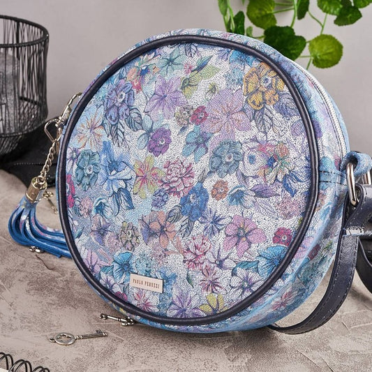 TEEK - Blue Floral Round Natural Leather Bag