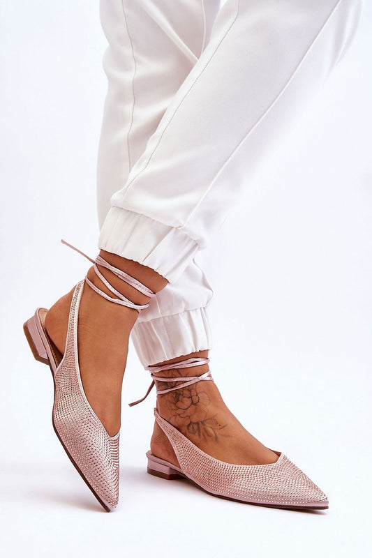 TEEK - Shimmery Textured Ballet Ankle Tie Flats SHOES TEEK Trend beige 5.5 